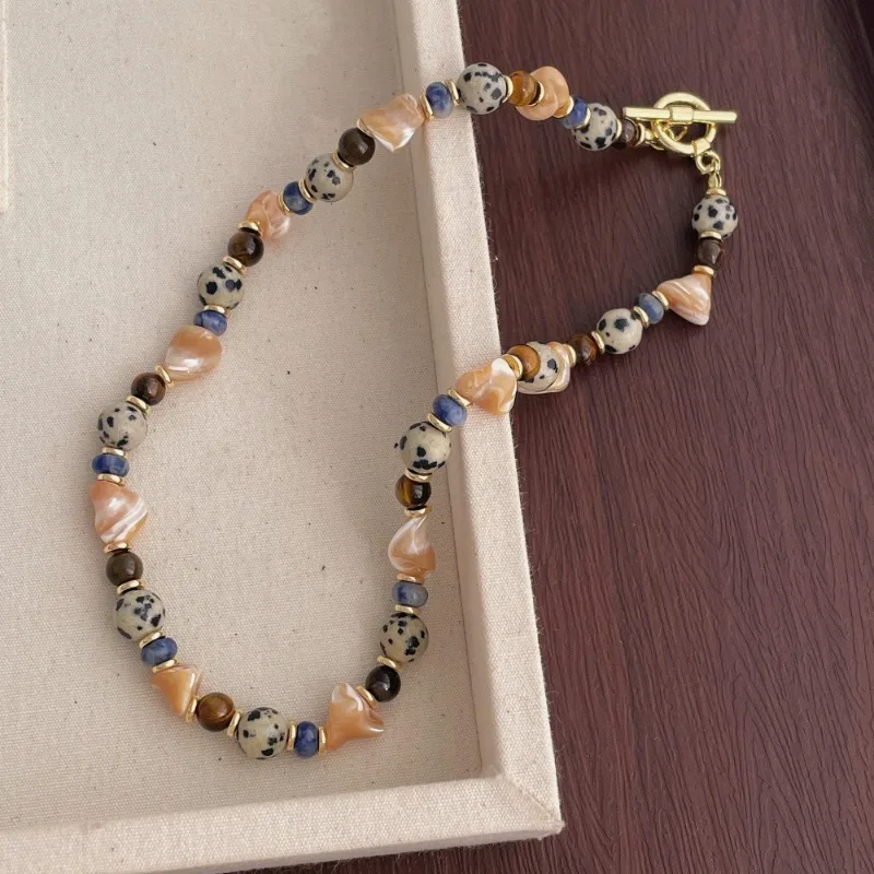 

Minar Retro Spotted Natural Stone Irregular Shell Beads Beaded Necklace for Women Gold Plated Toggle Clasp Circle Strand Chokers