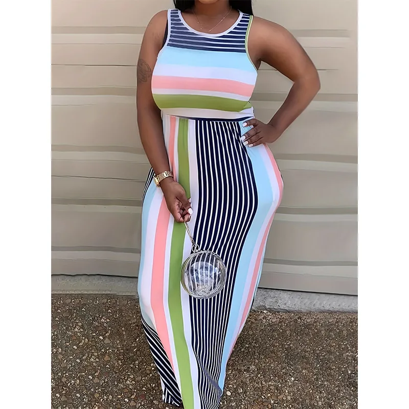 

Длинное платье без рукавов с круглым вырезом, в полоску, с модным принтом, сексуальное, в стиле стритвир, с облегающей юбкой, для женщин.