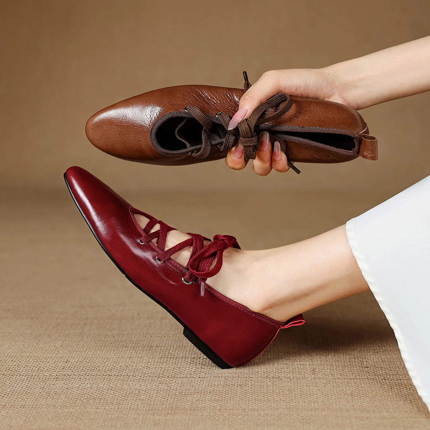 2026 new spring summer women pumps natural leather 22-25cm cowhide+sheepskin round toe lace-up low heel women shoes fashion