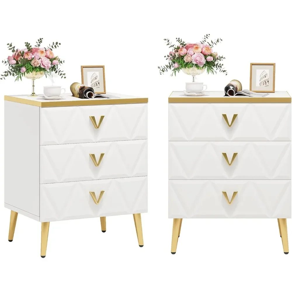 

3-Drawer Nightstand Set of 2, Luxury Bedside Table End Table with Storage Drawers and Golden Legs, Modern Nightstand for Bedroom
