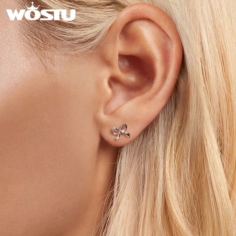 WOSTU 925 Sterling Silver Bowknot Earrings Pearl Earrings Heart Bandage Stud Earrings For Women Party Daily Simple Fine Jewelry