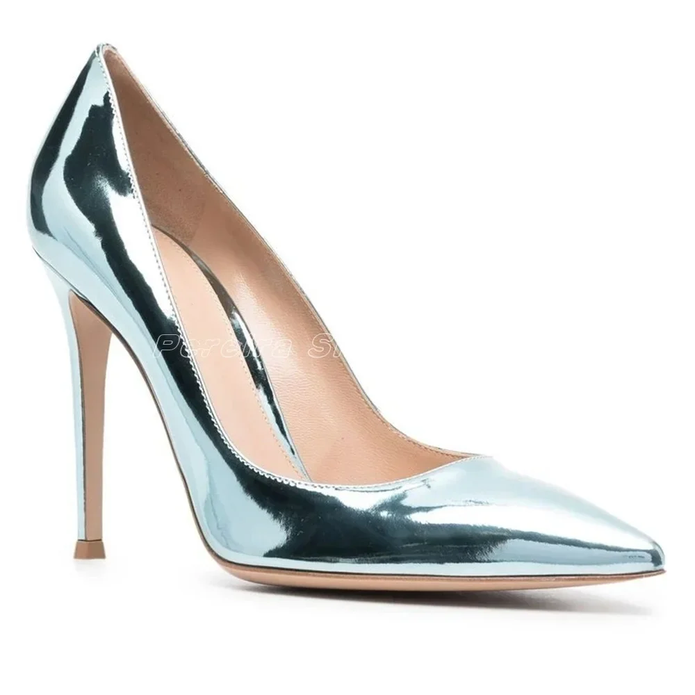 

Metallic Mirrored Patent Leather Stiletto Shallow Summer Pumps Pointed Toe Cover Heel Women Luxury Shoes Super High Heel