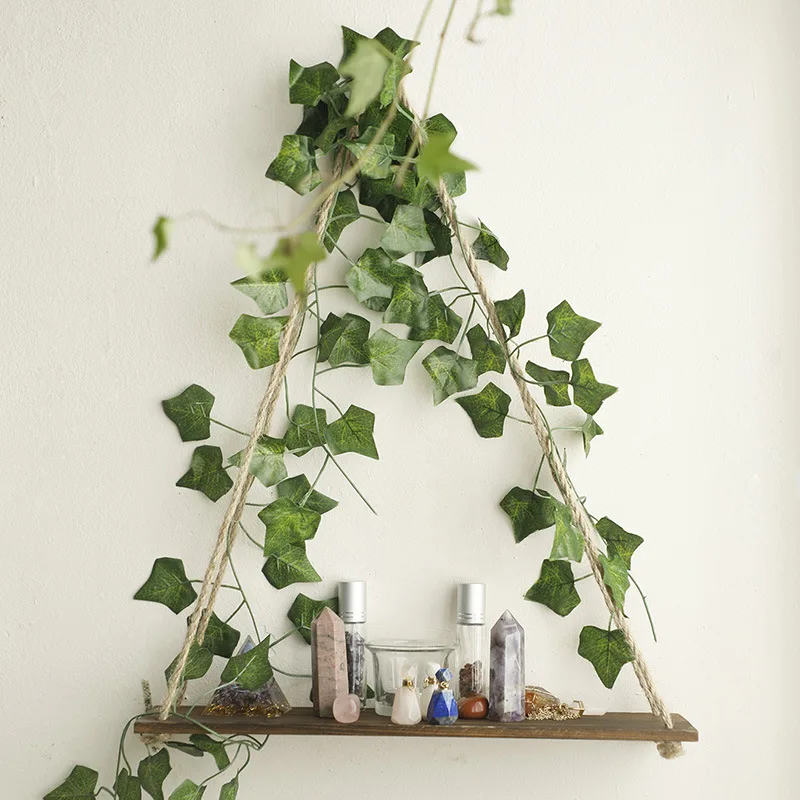 Artificial Ivy LED-Strip Wall Hanging Shelves House Room Wall Decor Floating Shelf Wood Rope Plant Pot Holder