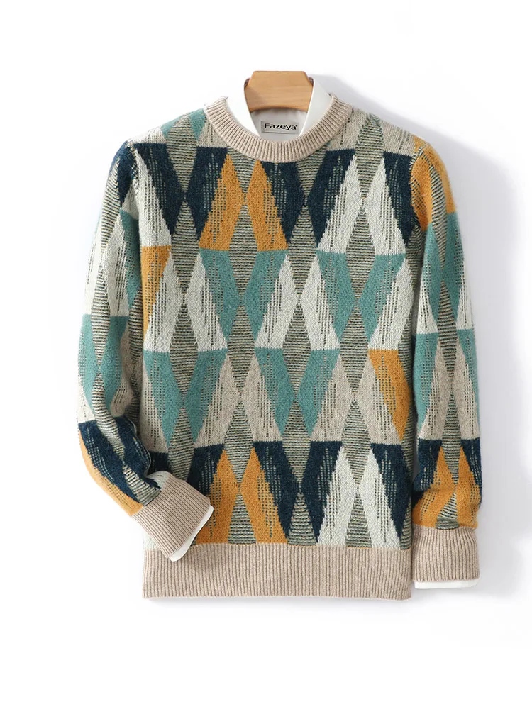 Men's 100% Merino Wool Knitted Sweater Pullover O-neck Vintage Casual Diamond Jacquard Cashmere Autumn Winter Thick Knitwear Top