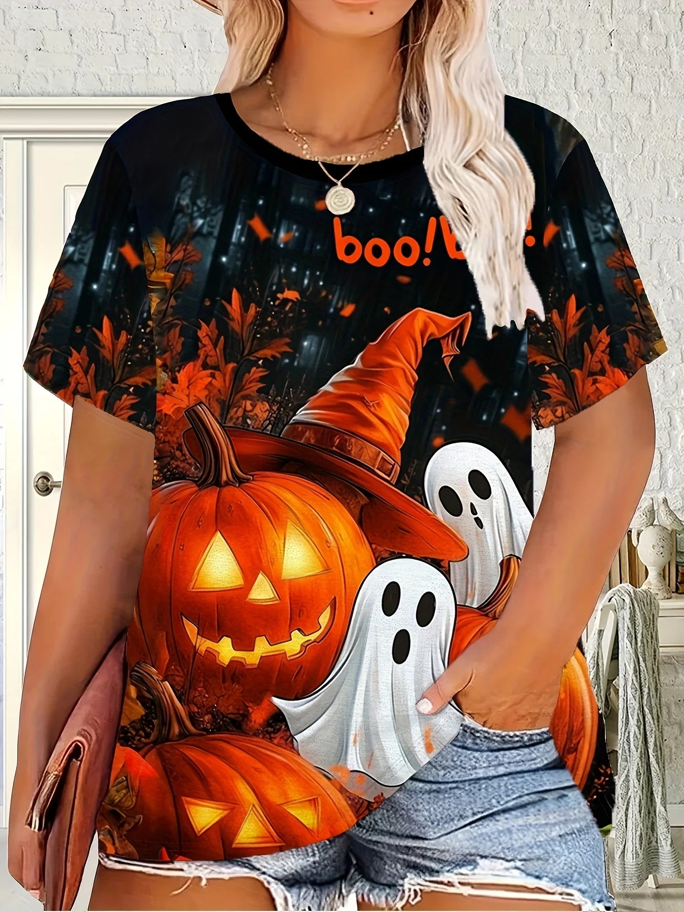 2026 Women's Crew Neck T-shirt Halloween Pumpkin Boo Letter Print Short Sleeve Top Casual Loose Holiday Party Ladies Clothing