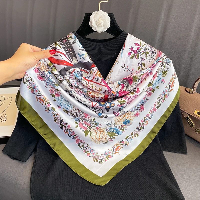 110x110cm Women Silk Square Scarf Hijab Female Design Print Lady Shawl Wraps Foulard Headbands Bufanda Large Bandana Luxury 2023