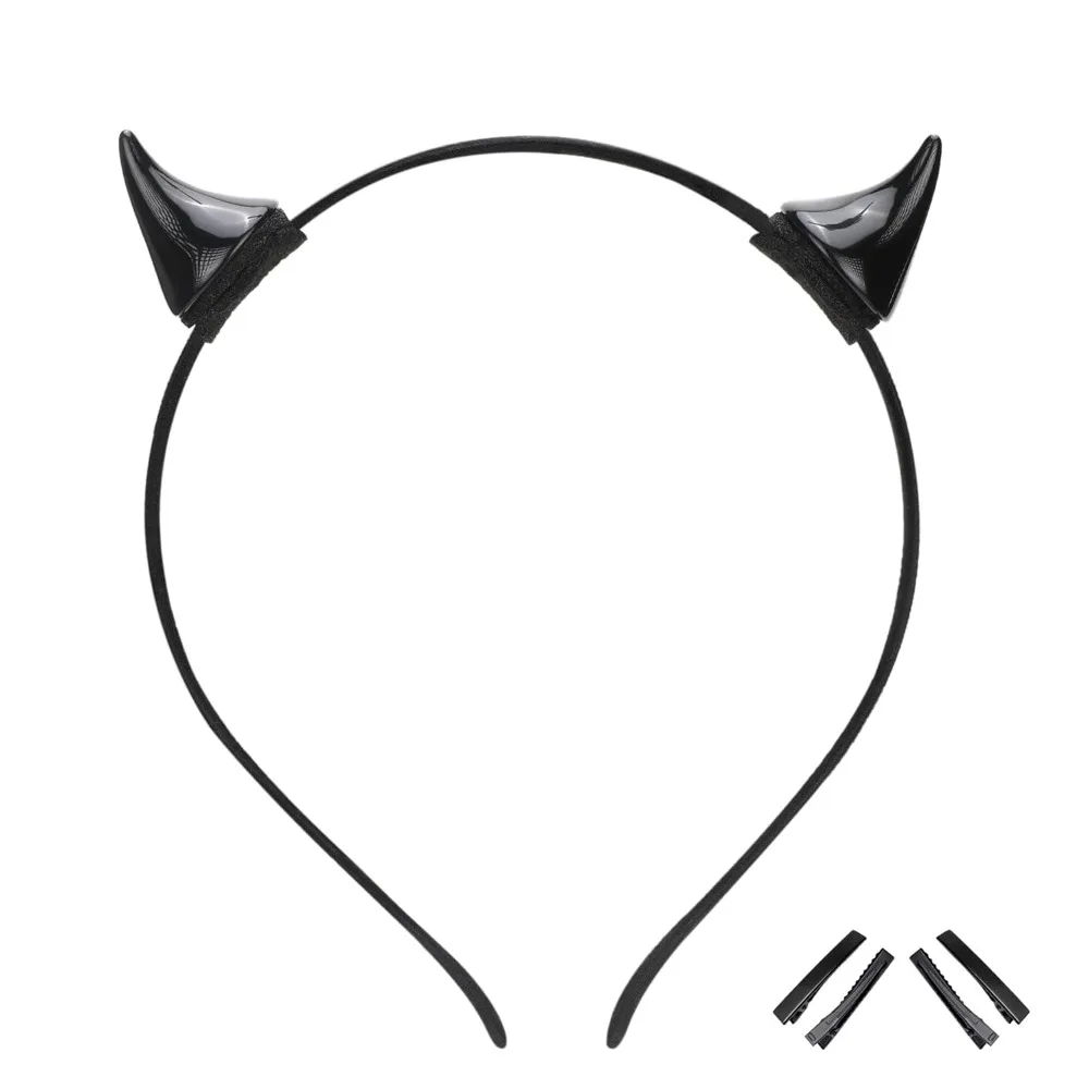 Black Devil Horns Headband Horn Hairband with Clips Dark Hairhoop for Renaissance Halloween Masquerade Witch Photo Shoot ﻿