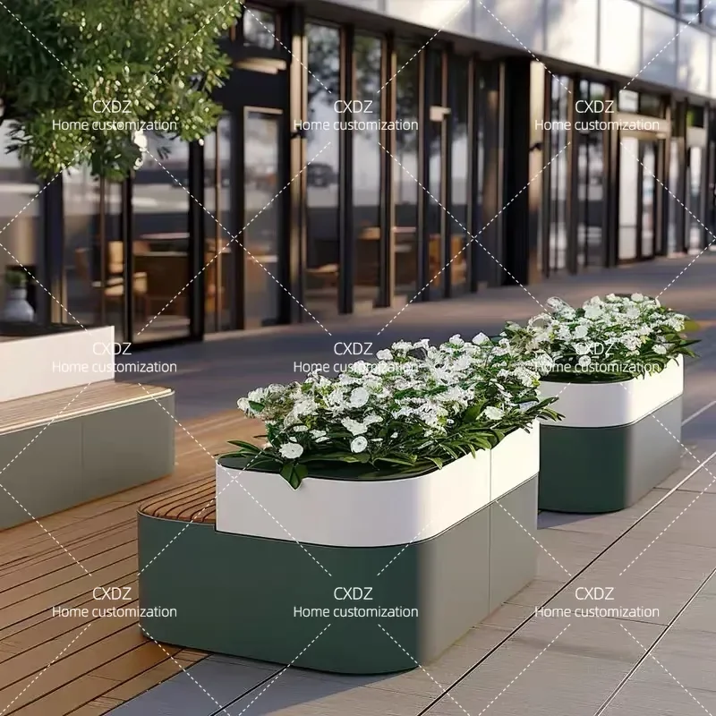 Commercial Wrought Iron Flower Box Bench Combo for Municipal Square Fence Partition Outdoor Park Garden Planter Seat