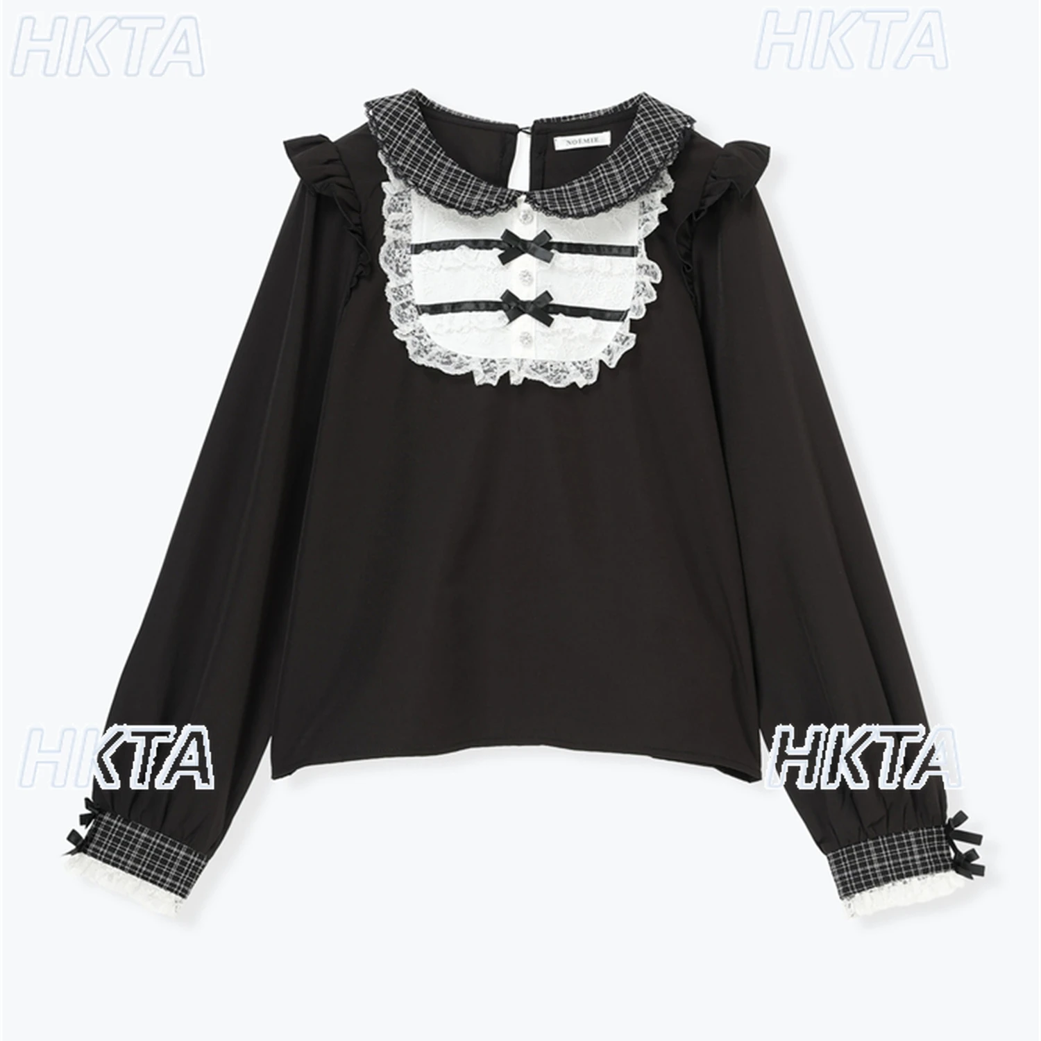 

Japanese Sweet Mass Production Round Neck Long Sleeve Shirt Commuter Lace Stitching Bow Pleated Pullover Black Blouse Top Women