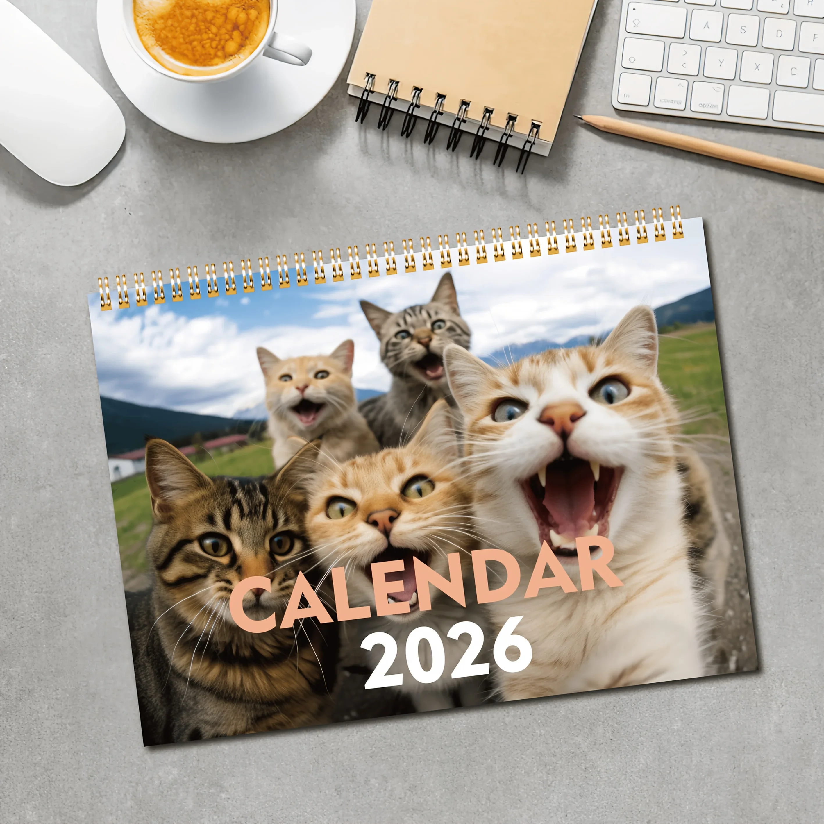 Calendrier mural chat et amis 2026 – Série Fun Cat Selfie, photos de 12 mois, cadeau parfait pour les amateurs de chats, langue anglaise