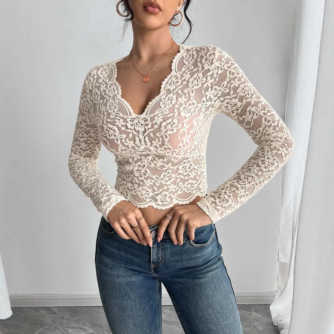 

2025 New Women's Short T-shirt V-neck Lace Hollow Slim Long-sleeved Fashion Pullover Top Beige Tees for Hot Girt