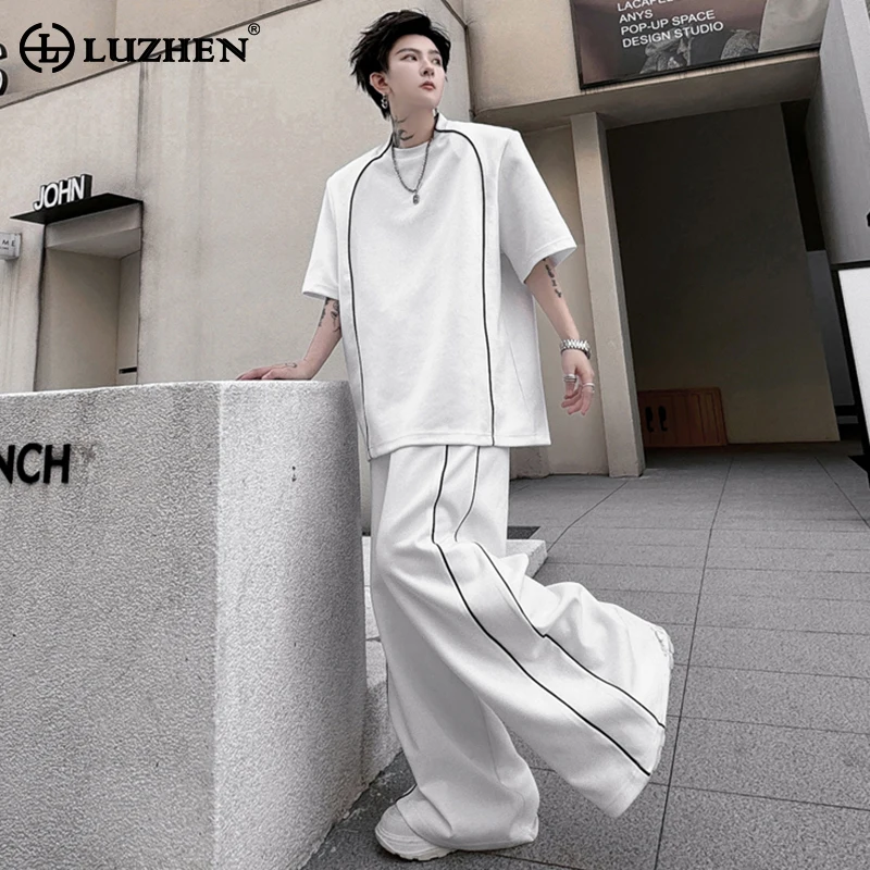 

LUZHEN Line Color Contrast Design Trendy Short Sleeved T Shirts Two Piece Sets Stylish Street High Quality Men's Pants LZ3814