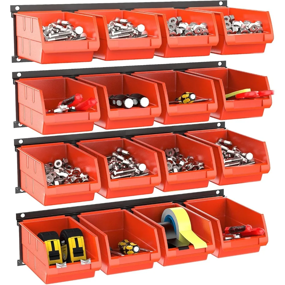 

Wall Mounted Storage Bins 16 Plastic Tool Organizer Bins for Garage Craft Room Shop Organization 4 Pack Orange Red