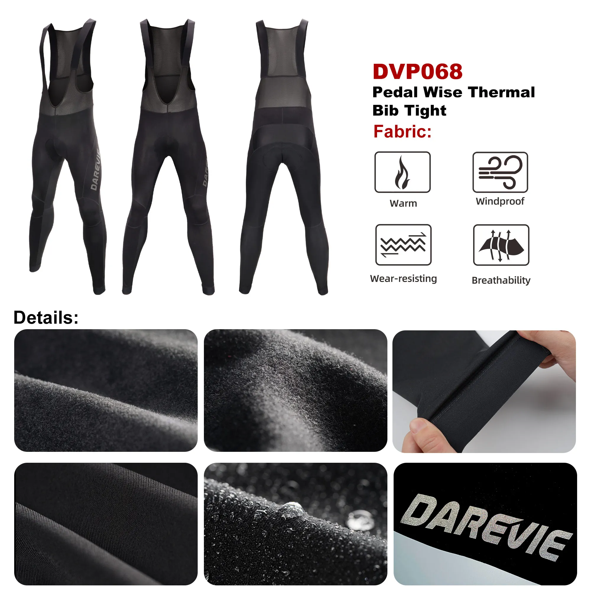 DAREVIE, mallas con pechera para ciclismo, impermeables, a prueba de viento, forro polar térmico, almohadilla de Gel, pantalones con pechera para