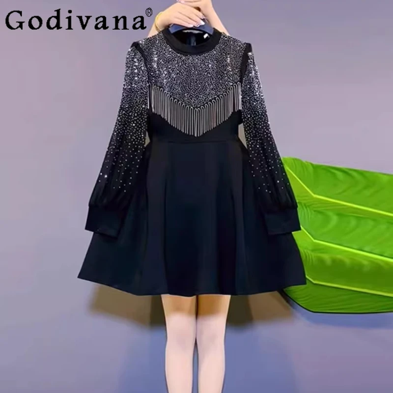 

Корейское черное платье большого размера с длинными рукавами и бриллиантами, модное черное платье трапециевидной формы с высокой талией и круглым вырезом, осенние платья с кисточками