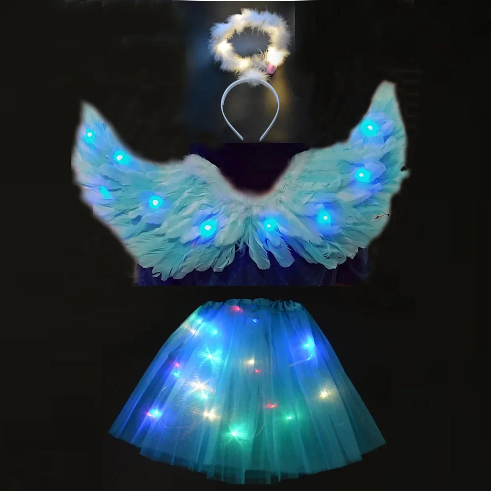 Glow Angel Feather Wing Costume Headband, Light Up Tutu, Saia LED, Festa de Aniversário, Decoração De Casamento, Presente Do Festival, Natal