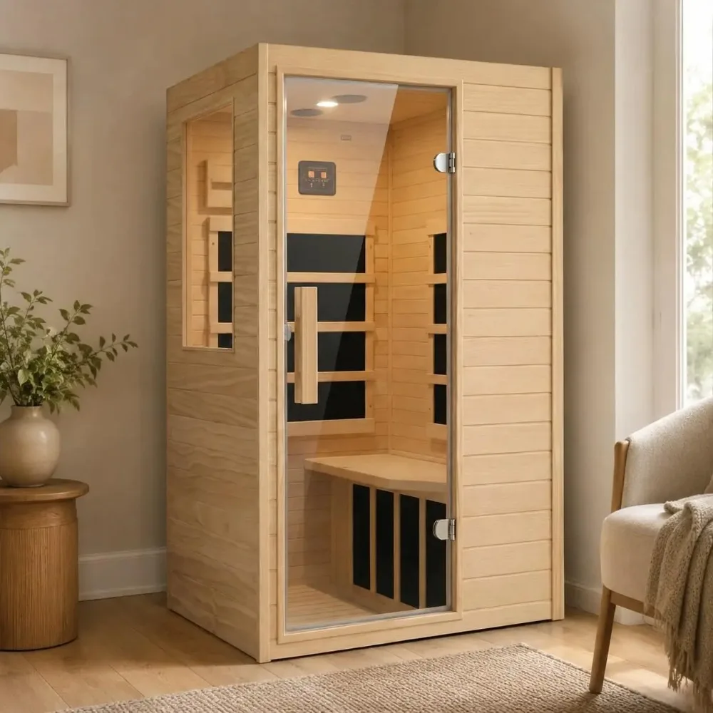 7-Color Wellness Light Infrared Sauna–1300W 110V 1-Person Indoor Wood Sauna in w/Carbon Crystal Heaters,, Customized