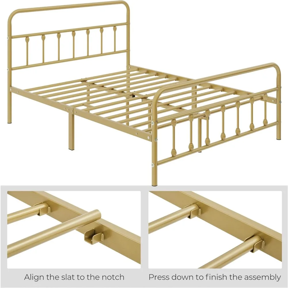 إطار سرير بمنصة معدنية على الطراز الفيكتوري مع لوح رأسي فني حديدي ولوح قدم وتخزين تحت السرير