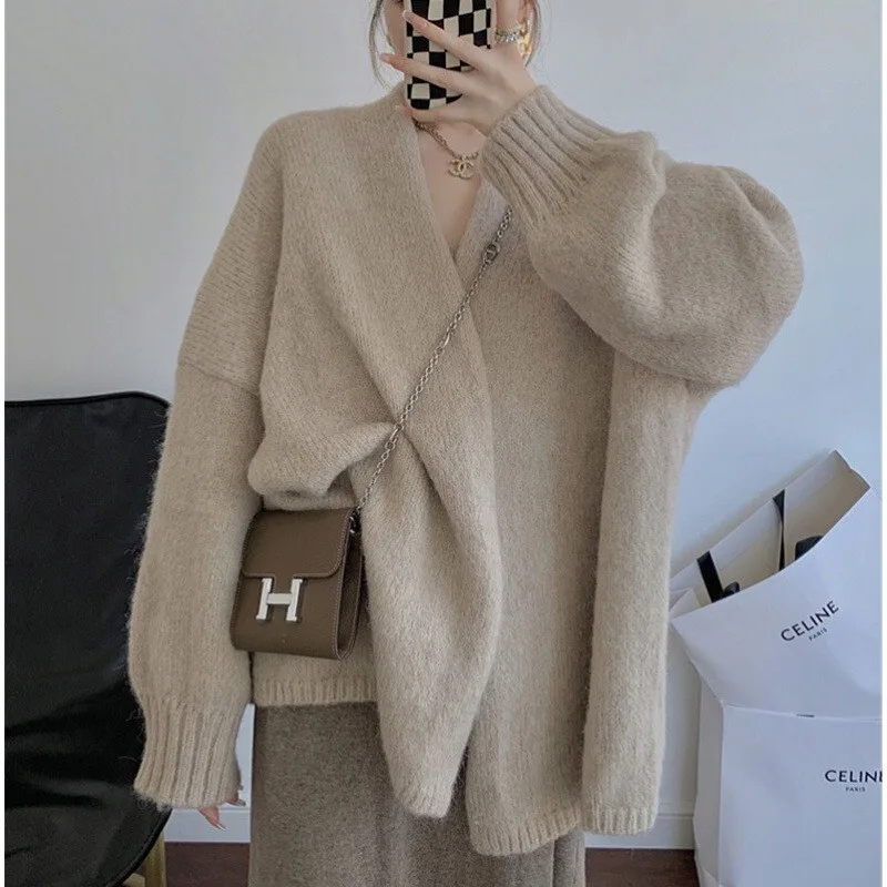 Autumn Winter Women's Loose Solid Lazy Sweater Cardigan Thickened Warm Lazy Long Sleeve Jacket Knitted Outerwear