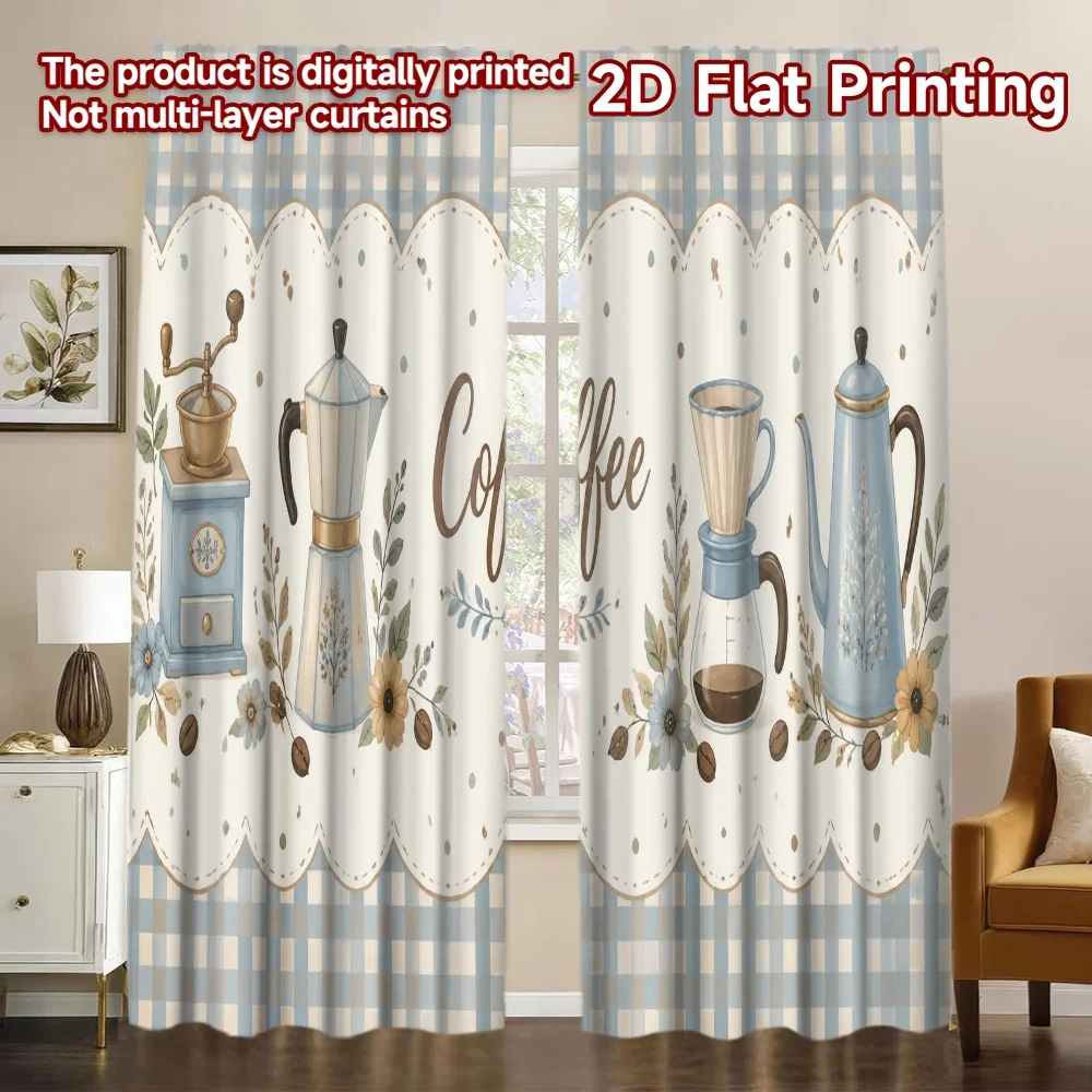 2D FLAT PRINTING 2pcs Curtains (Without Rod) Coffee Brewing Elements Popular Light Filtering Curtains Durable Polyester Curtains