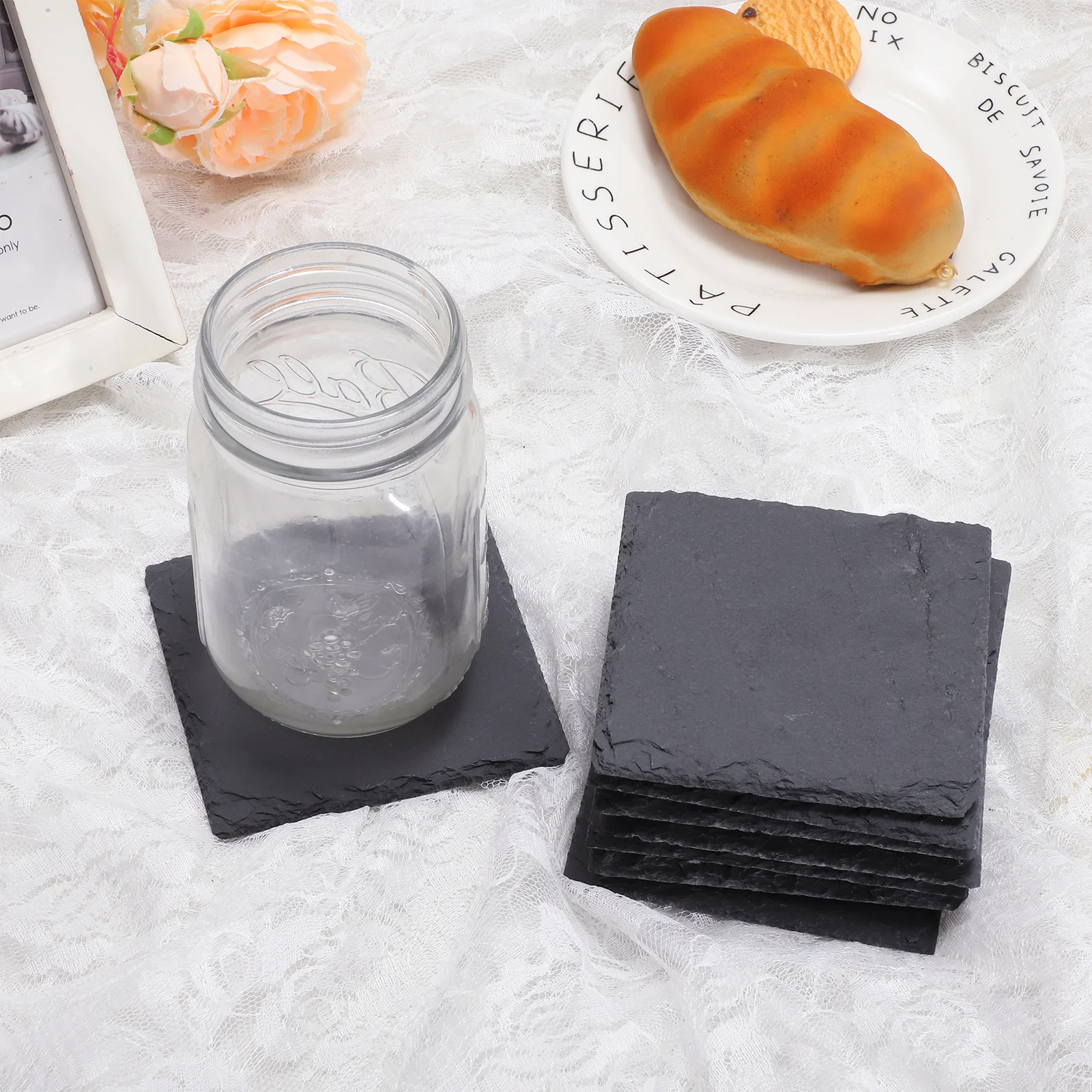 12Pcs Rustic Slate Coasters Drinks Coasters Black Stone Coasters Natural Textures Cup Pad for Coffee Shop Bar Kitchen Home