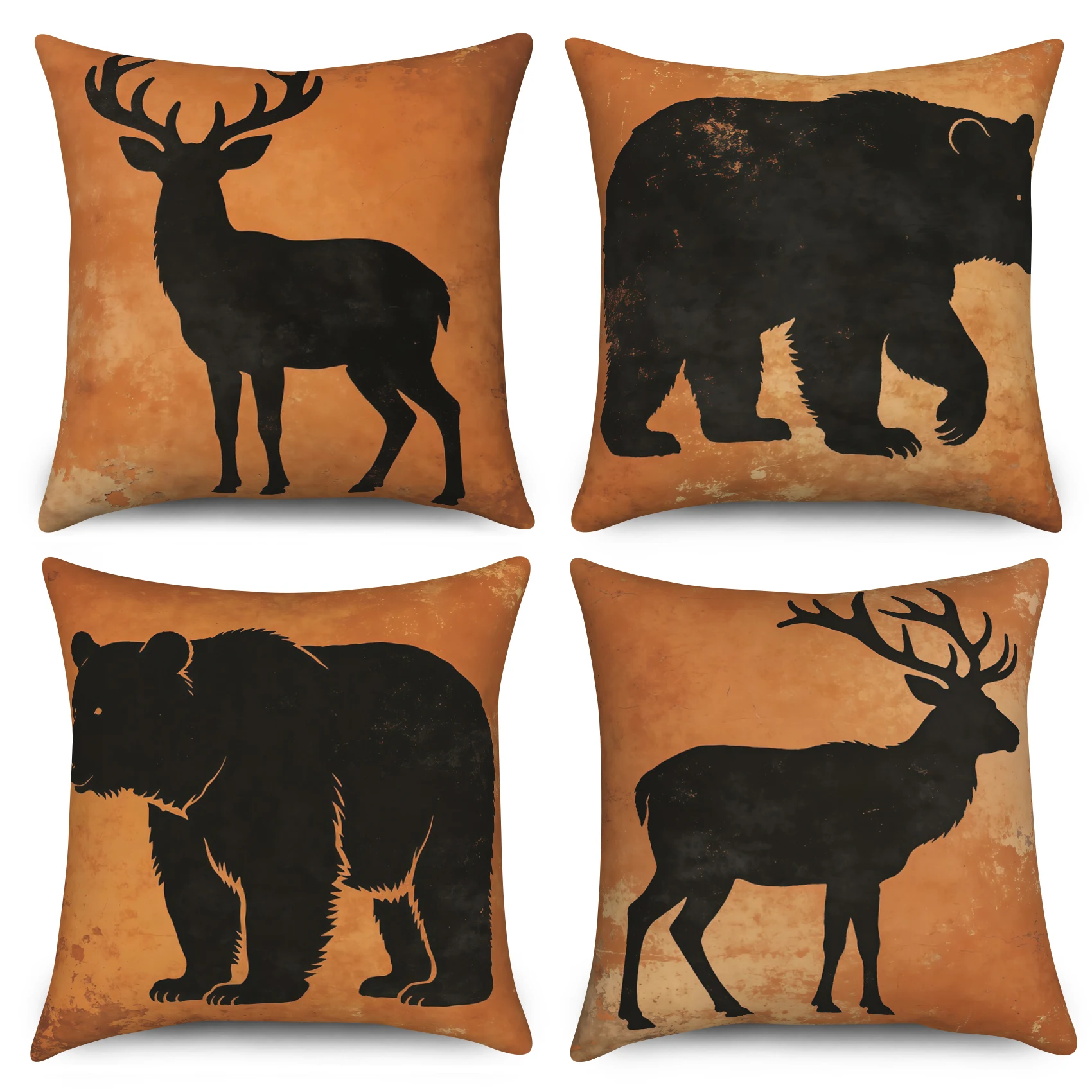 4Pcs/Set Rustic Bear Deer Silhouette Throw Pillow Covers, Polyester/Linen Cushion Cases, No Insert, Home Decor for Cabin Lodge