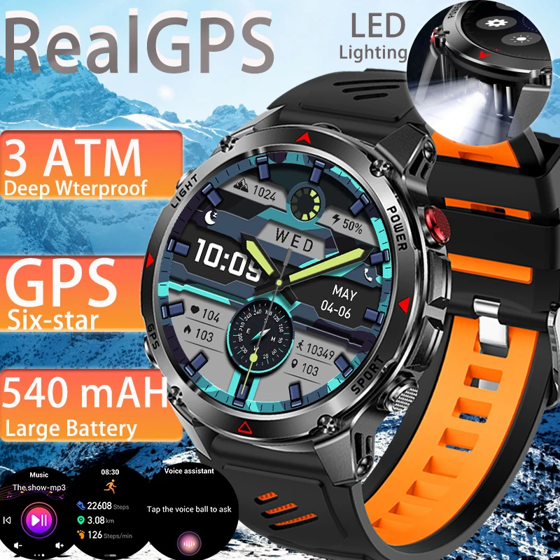 2026 NEW Outdoor Smart Watch Military GPS LED Flashlight Men 100+ Sports Swim 3ATM Compass Altimeter Wireless Call Smart Watch