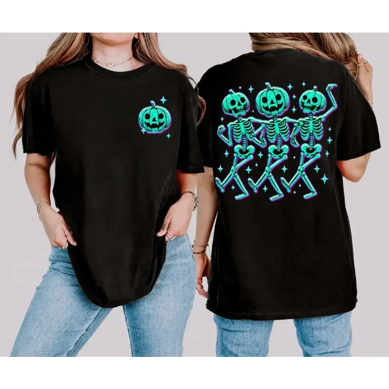 Neon Pumpkin Skeleton Halloween Shirt Dancing Skeleton Pumpkin T-shirt Ghost Halloween Skeleton Shirt Pumpkin Women's T-shirt