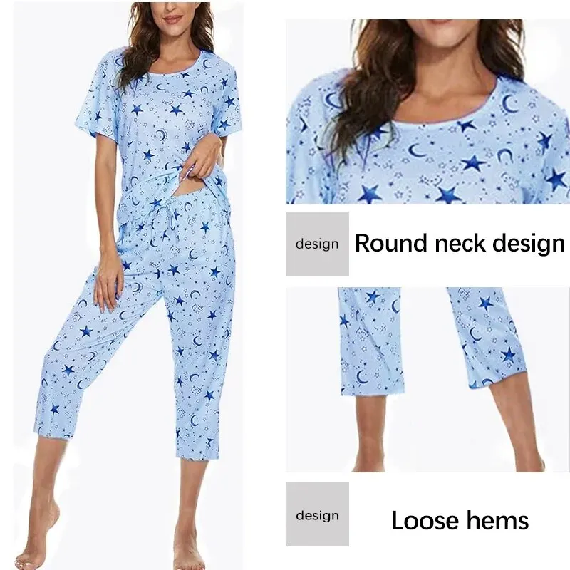 Ladies Casual Home Printed Pajama Set Short Sleeve Top Long Pants Casual Fun Printed Pajama Set