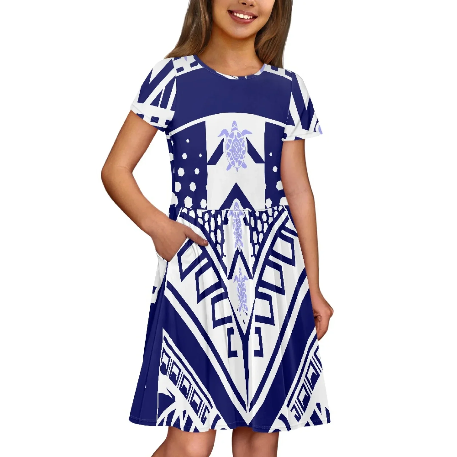 Polynesian Tribal Pohnpei Totem Tattoo Prints Soft Polyester Short Sleeves Dresses Elegant Knee-length Green Leaf Pocket Dress