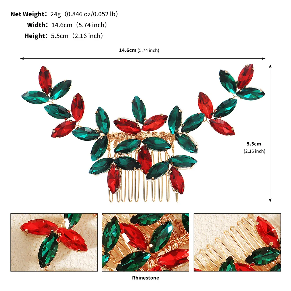 Peigne à cheveux de noël en cristal pour femmes, pince à cheveux en alliage avec strass rouges et verts, accessoires pour cheveux de fête, couvre-chef