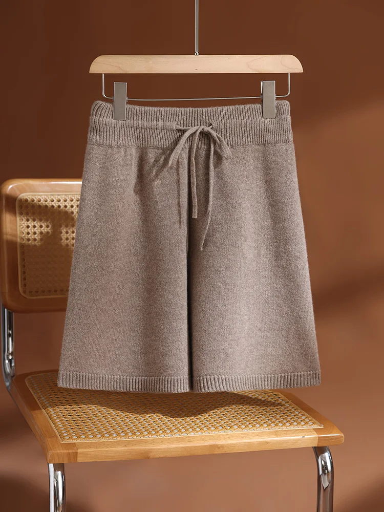 กางเกงขาสั้นผู้หญิง TLOML ผ้าขนแกะเมอริโนแท้ 100% สำหรับฤดูใบไม้ร่วงและฤดูหนาว เนื้อนุ่ม อุ่นสบาย สไตล์ลำลอง คุณภาพสูง แฟชั่นแคชเมียร์ มีเชือกผูก