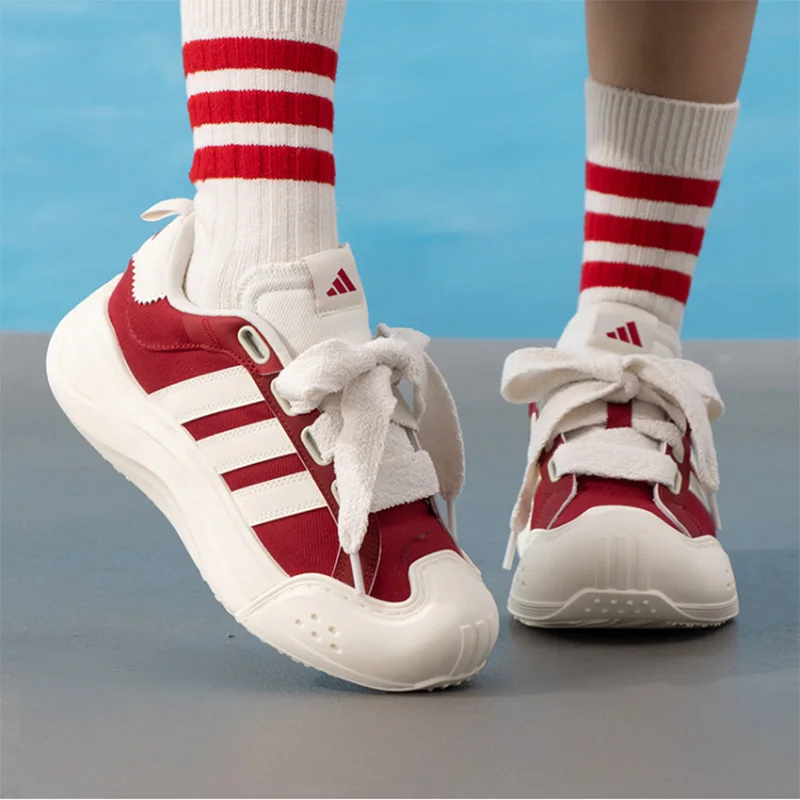 

Adidas Women's Red and White Thick-soled Platform Shoes with Vintage Wave Design - Versatile Casual Sports Loafers - KH7981