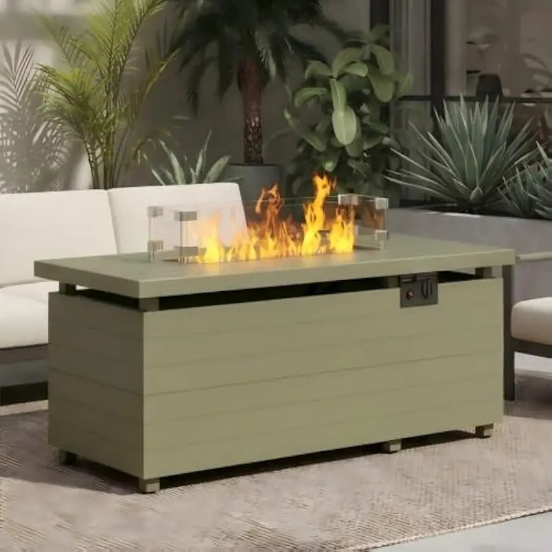 51 Inch Rectangular Outdoor Fire Table with 50000 BTU Propane Burner, Removable Lid and Tempered Glass Wind Shield, Modern Metal