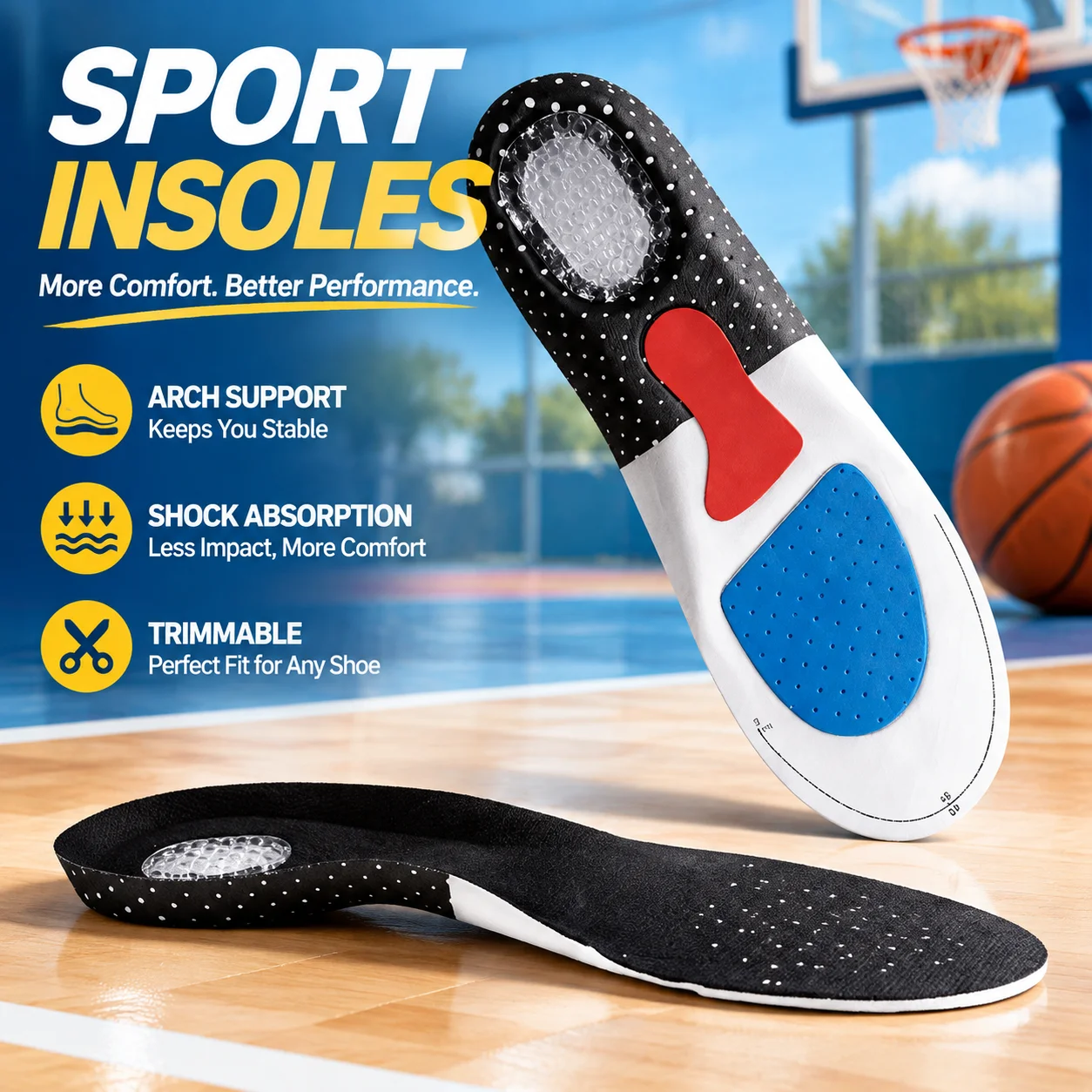 Sport Insoles with Arch Support Latex Cushion Shock Absorption Soft Comfortable Trimmable Shoe Pads for Basketball