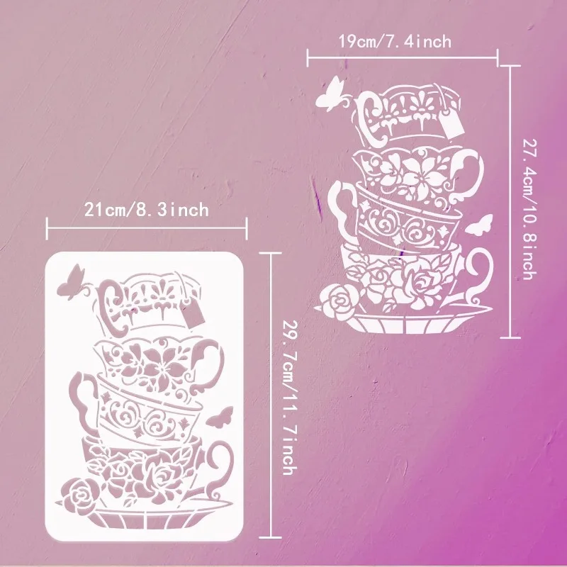 1pc Tea Cups Stencil for Painting 8.3x11.7inch Afternoon Tea Pattern Painting Template Reusable PET Hollow Out Painting Stencil