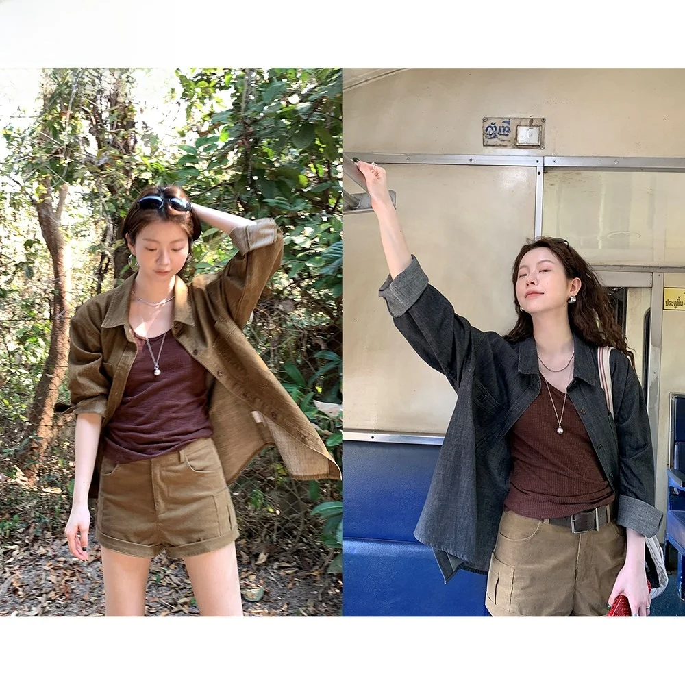 

Женское повседневное джинсовое пальто HelloooEat в винтажном стиле с отложным воротником, корейский стиль, длинный рукав, дышащий хлопок, весна