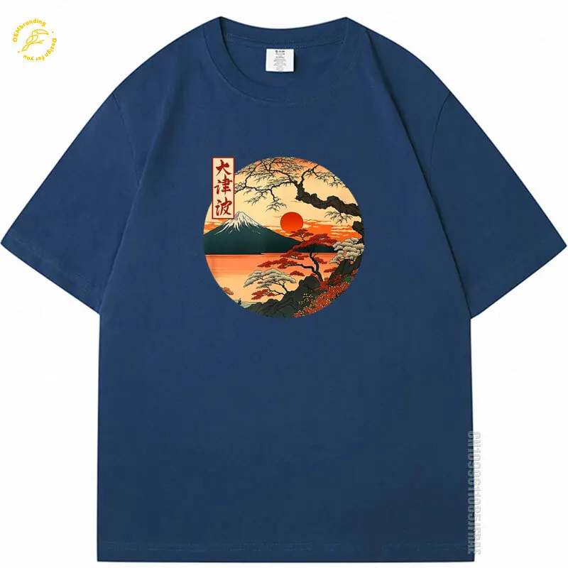 

Japanese Red Sunset And Mountain Cotton Tshirt Man Asian Fuji Kanji Japan Art Oversized Men's T-Shirt Топ Ropa Футболка Y2K
