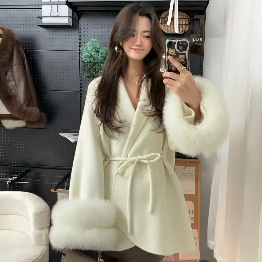 OFTBUY Real Fur Jacket Women Patchwork Fashion Furry Bandage Outwear Clothing Long Sleeve Spring Autumn Temperament Wool Coat