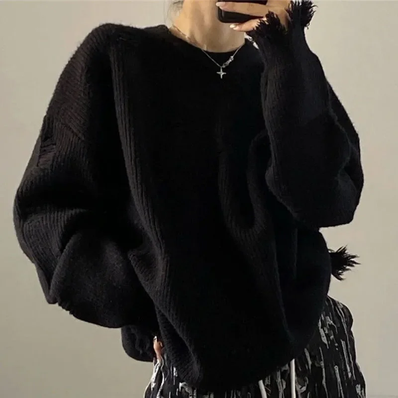 GIDYQ Black Tassel Knitted Sweaters Women Vintage O Neck Gothic Punk Pullovers Y2k Streetwear Loose All Match Jumpers Autumn New