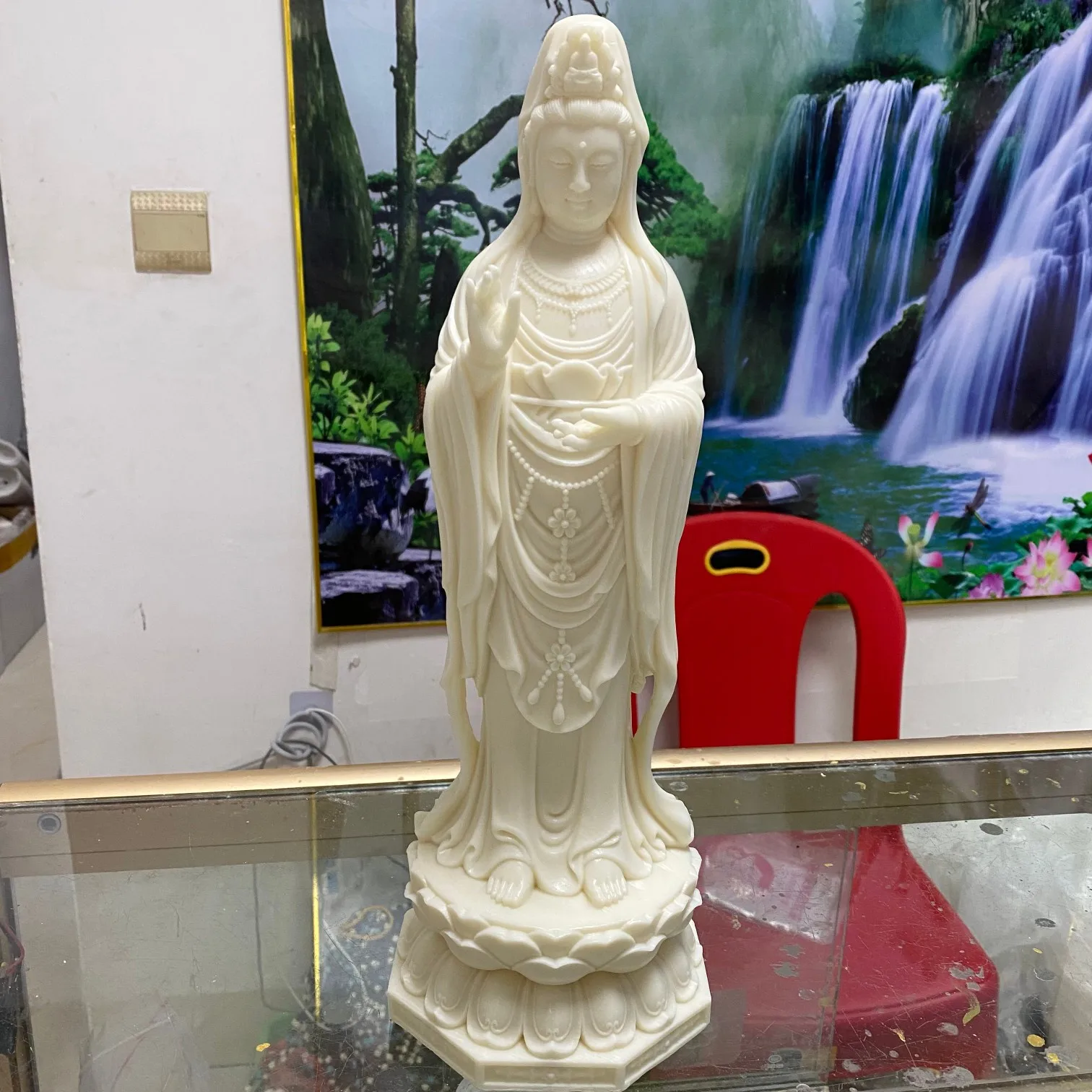 Natural Tagua Nut Hand Carved South Sea Kwan Yin Figurine 38x15x15cm Home Worship Desktop Chinese Style Collectible OrnamentGift