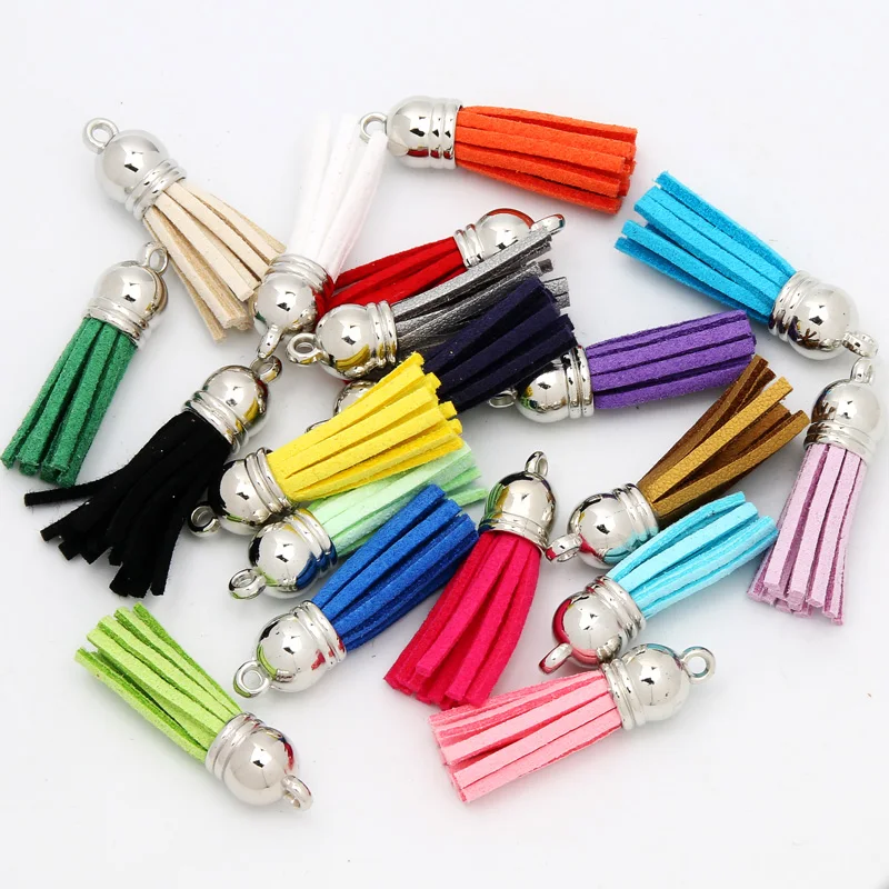 Silver Color Caps Suede Faux Leather Tassel 10pcs 38mm Charm For Jewelry Making DIY Key Chain Cellphone Straps Pendants Supplies