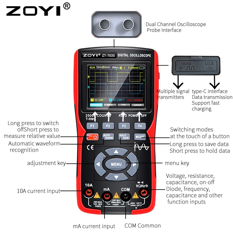 ZOYI ZT703S Multimetr cyfrowy 3w1 Szerokość pasma 50 MHz Prędkość 280 MS PC Przechowywanie danych fali Podwójny generator sygnału oscyloskopu