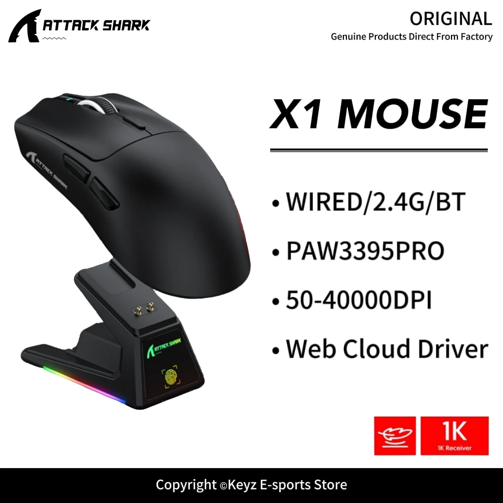 ATTACK SHARK X1 Ultralight Gaming Mouse PAW3395PRO 40000DPI RGB Magnetic Charging Dock OMRON 100M 1K Hz Wireless Tri-Mode Mouse