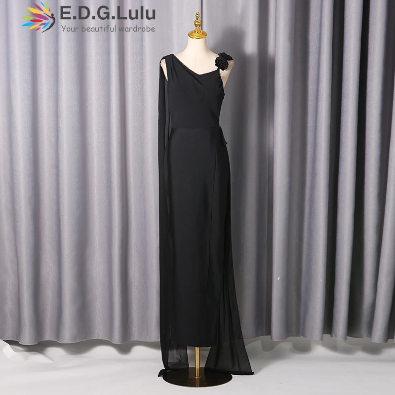 EDGLuLu Design 3d Flower Splicing Ribbon Black Birthday Dress For Woman 2026 Elegant Slit Long Evening Gown 0801