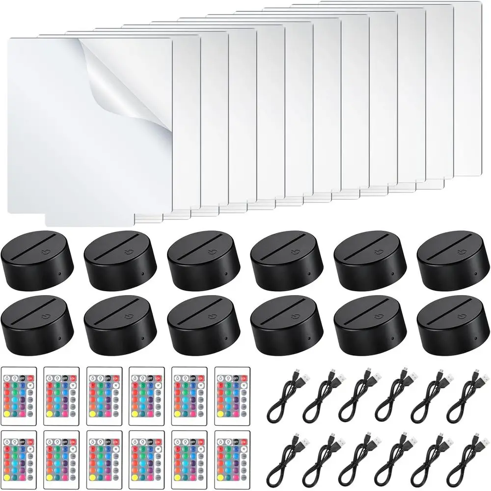 

48-Piece Acrylic Night Lights Set with 3D LED Base and Remote Control USB Cable for DIY Lighting Decor