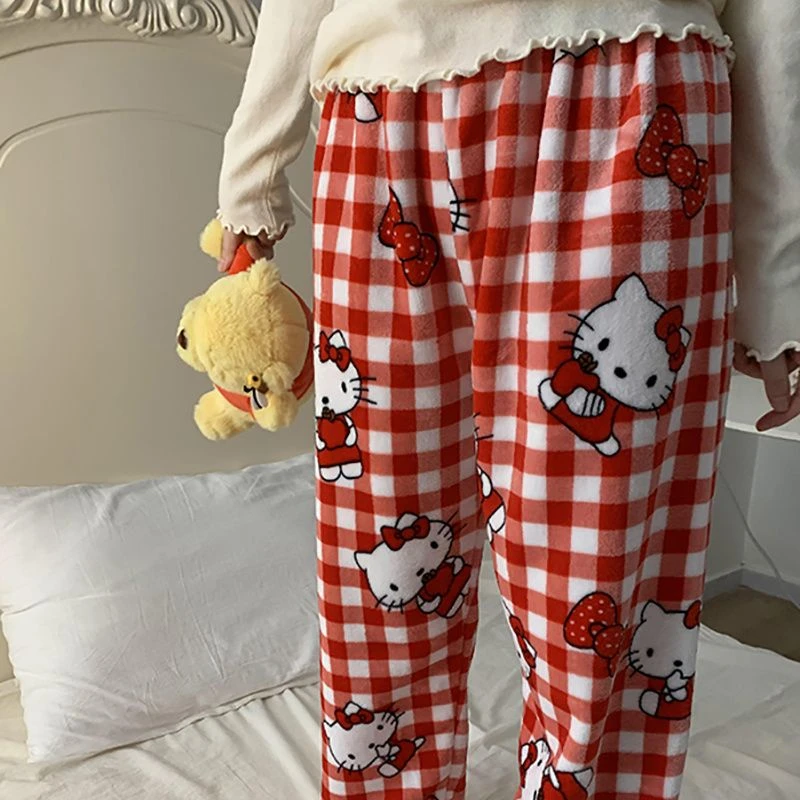 Anime Sanrio Hello Kitty Plush Pajama Pants Kt Cat Coral Fleece Soft Trousers Women Casual Home Trousers Kawaii Keep Warm Pants