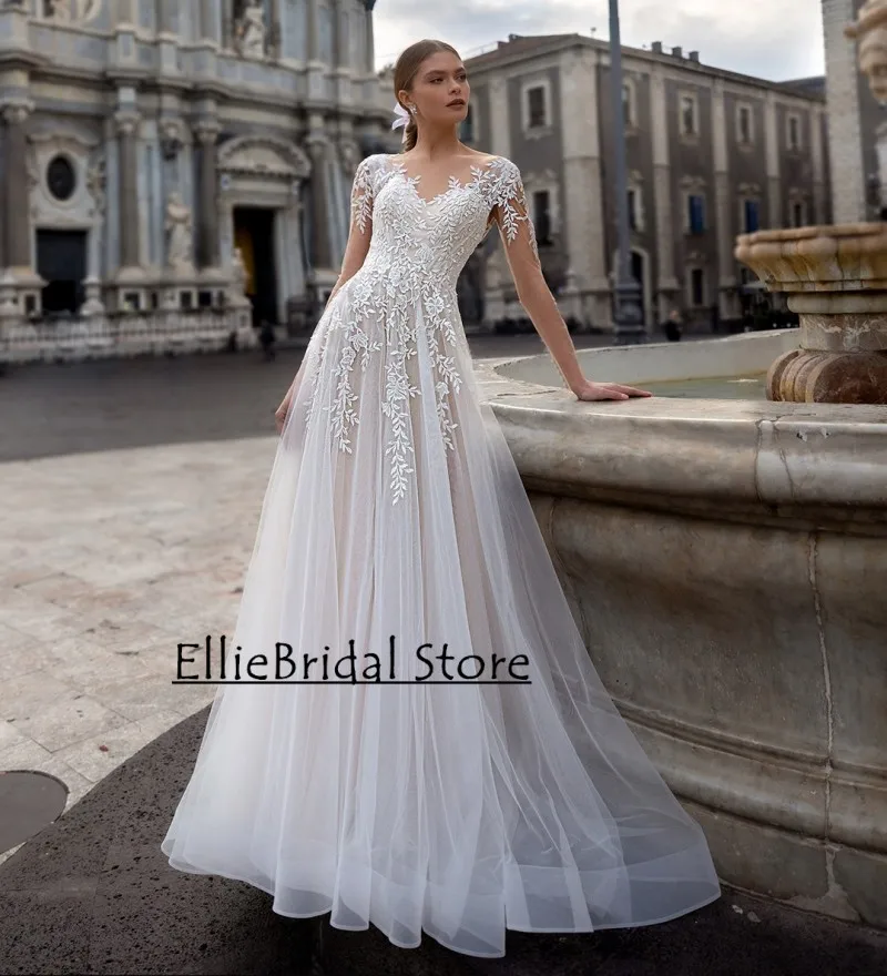 

Gorgeous A Line Beach Weddings Dress 2024 Lace Appliue Arabic Dubai Bridal Gowns Long Sleeves Vestidos De Novia Customized