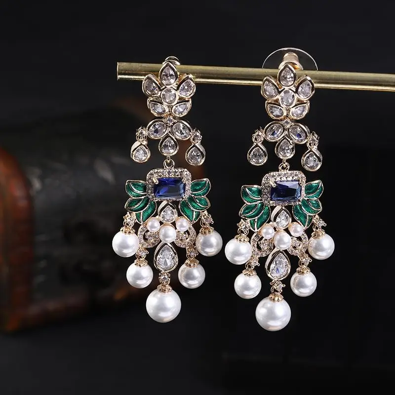 EVACANDIS Crystal Pearl Beaded Blue Green Colorful Handmade Gemstone Gold Plated Drop Dangle Earrings for Women Wedding Sliver