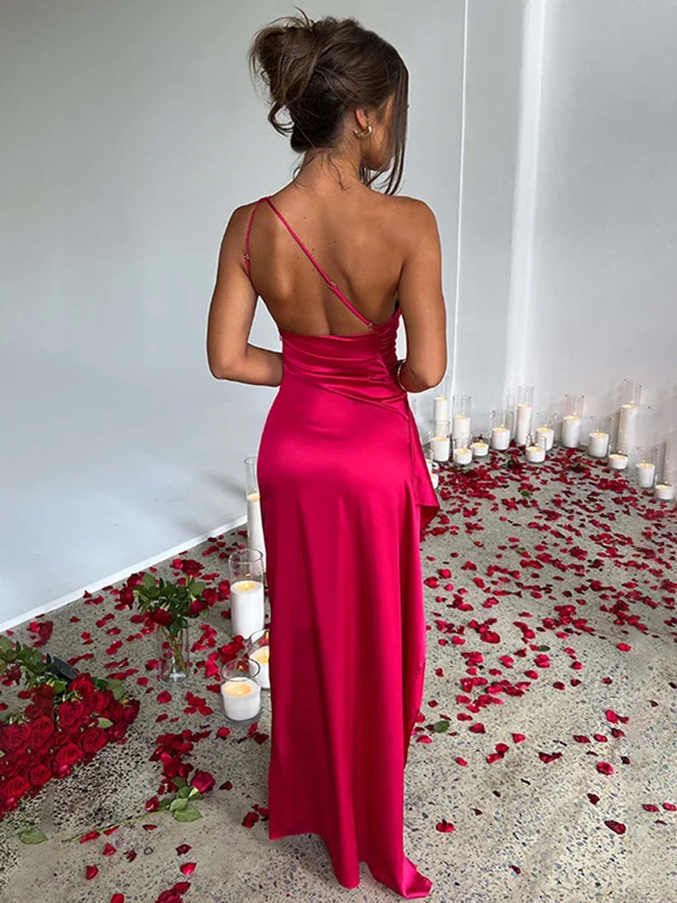 Sommer Sexy One Shoulder Satin Lang für Damen ärmellos rückenfrei High Split Party Abendkleider Elegantes Cocktailkleid